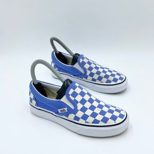 blue checkered slip ons